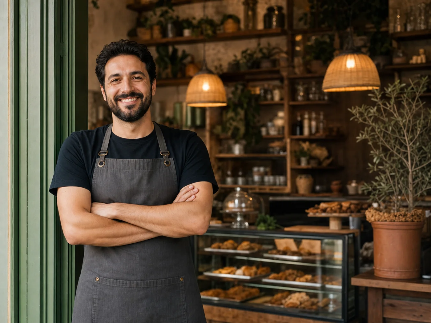 Dükkânının önünde kollarını kavuşturmuş, gülümseyen kafe işletmecisi